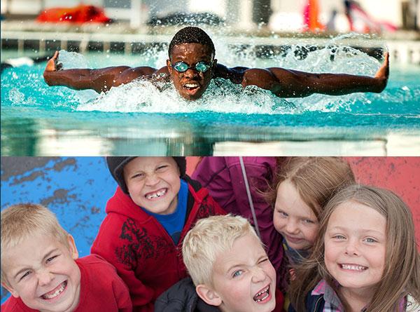 A collage of a young black male swimming over a group of white kids smiling.