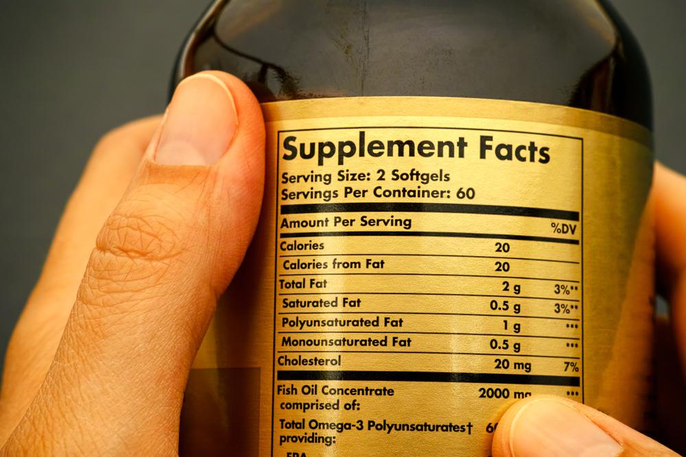 Close up of a supplements facts label for a fish oil supplement.