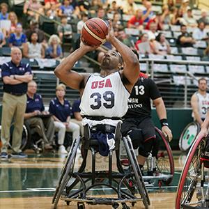 Trey Jenifer during a wheelchair basketball game.