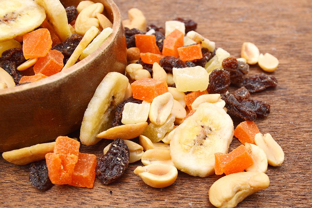 Bowl of nuts and dried fruit.